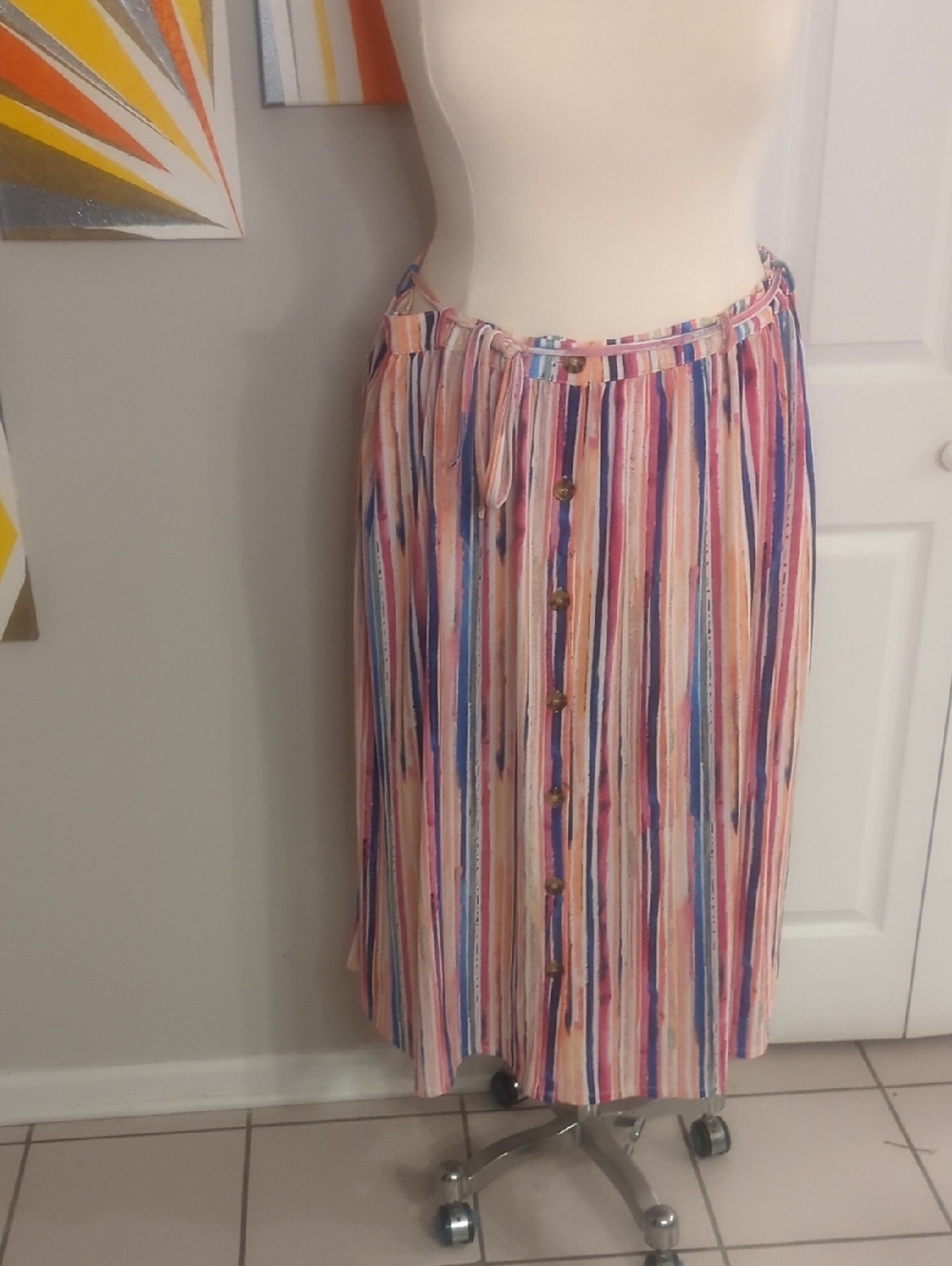 3XL Terra & Sky Stripe Button-Front Midi Skirt in Pink, Blue, Cream, Tan